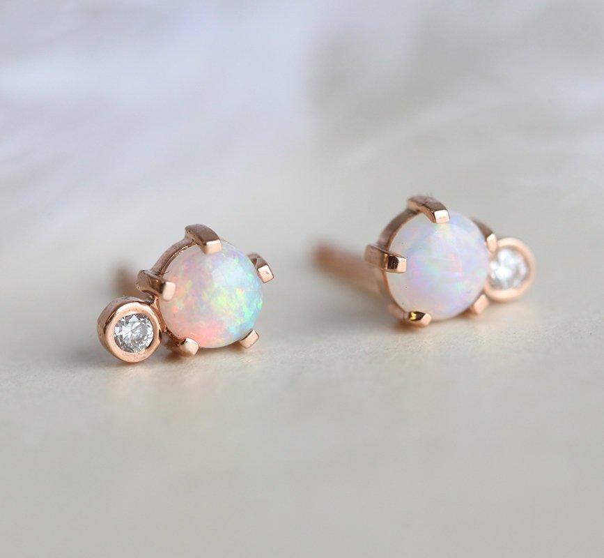 Round Opal Rose Gold Stud Earrings with Side Round White Diamond