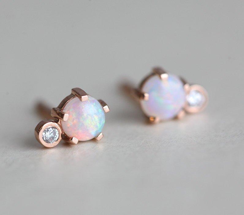 Round Opal Rose Gold Stud Earrings with Side Round White Diamond