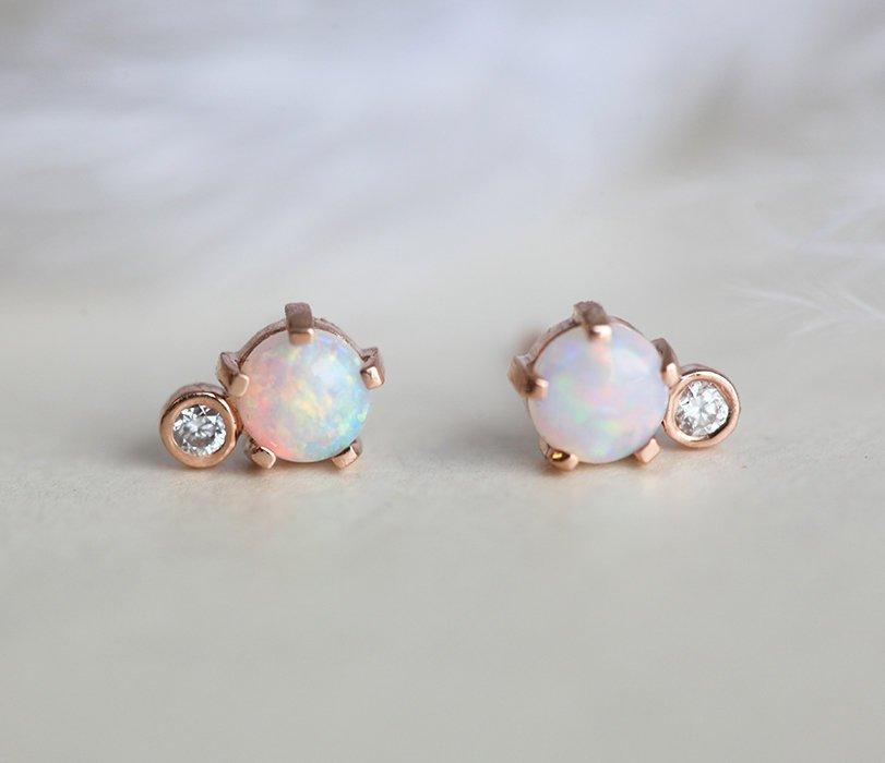 Round Opal Rose Gold Stud Earrings with Side Round White Diamond