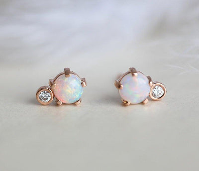 Round Opal Rose Gold Stud Earrings with Side Round White Diamond