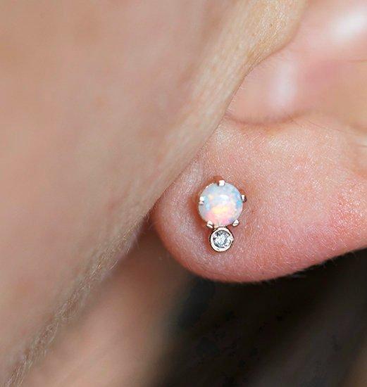 Round Opal Rose Gold Stud Earrings with Side Round White Diamond