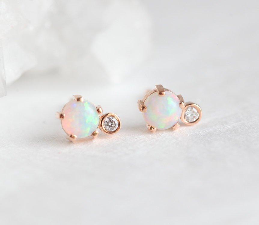 Round Opal Rose Gold Stud Earrings with Side Round White Diamond