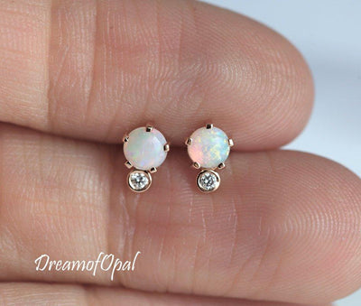 Round Opal Rose Gold Stud Earrings with Side Round White Diamond
