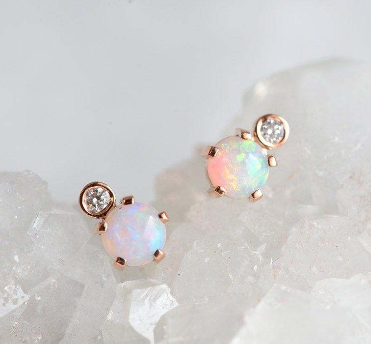 Round Opal Rose Gold Stud Earrings with Side Round White Diamond