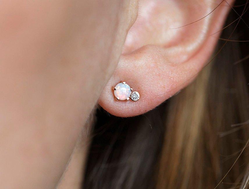 Round Opal Rose Gold Stud Earrings with Side Round White Diamond