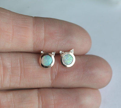 Round Opal Cat Earrings with Round White Diamonds in Each Ear