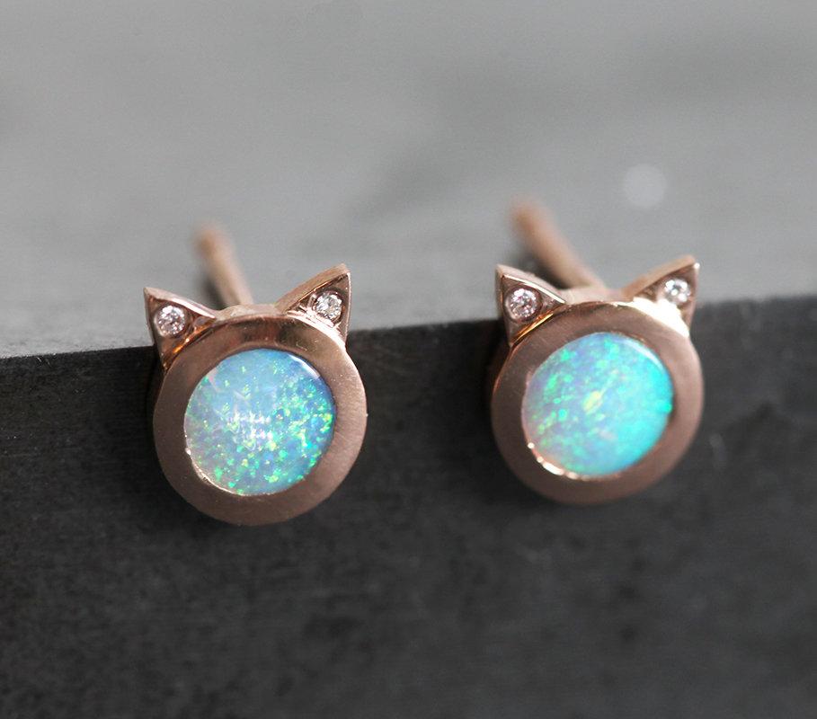 Round Opal Cat Earrings with Round White Diamonds in Each Ear