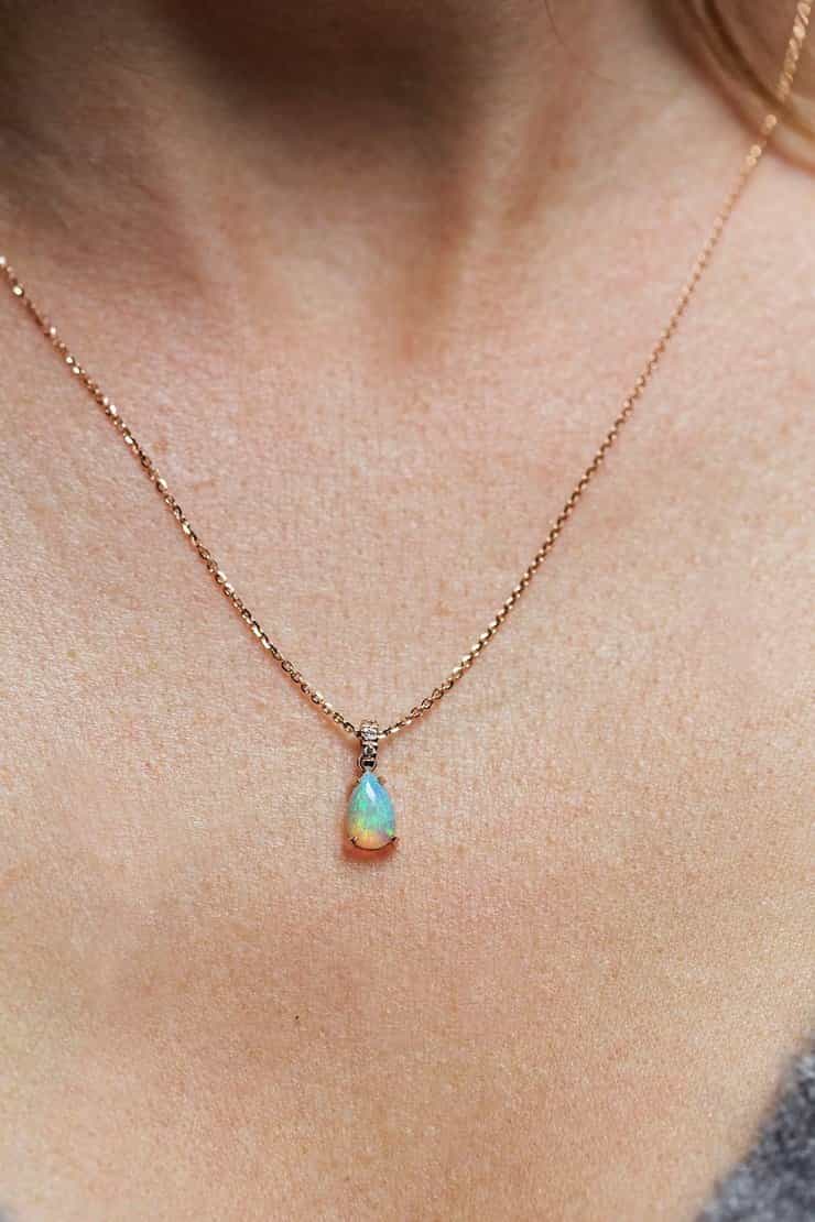 Pear-shaped australian opal and diamond gold chain necklace