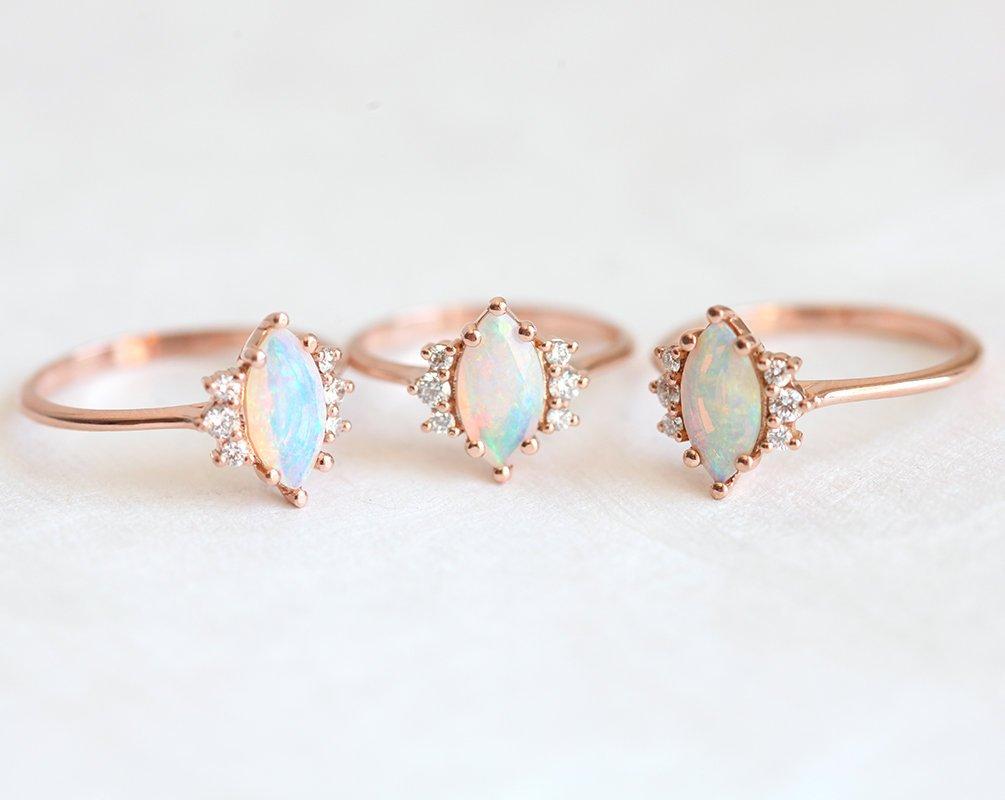 Elevating Marquise-Cut Opal Nesting Band Rose Gold Ring with Side Round White Diamonds