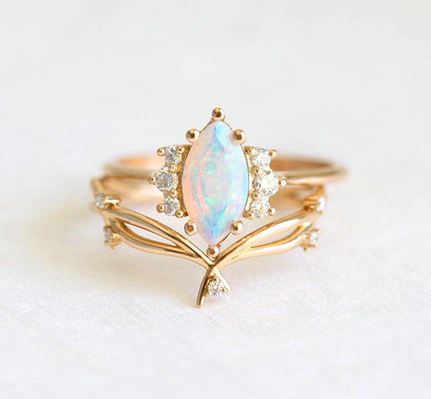 Elevating Marquise-Cut Opal Nesting Band Yellow Gold Ring with Side Round White Diamonds