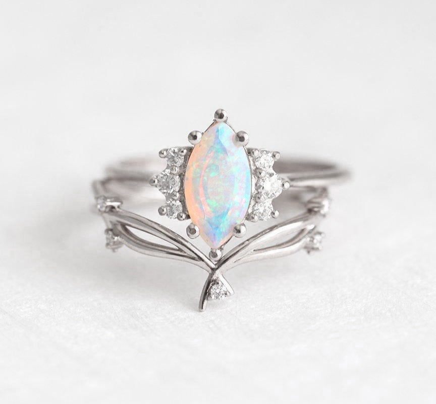 Elevating Marquise-Cut Opal Nesting Band Platinum Ring with Side Round White Diamonds