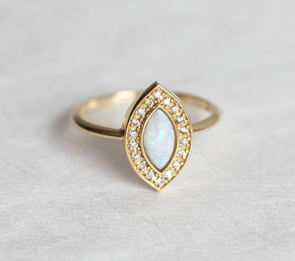 White Marquise-Cut Opal Halo Ring Set with Curved Diamond V-Band