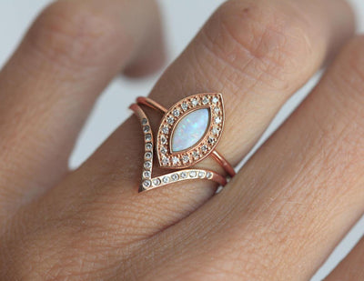 White Marquise-Cut Opal Halo Ring Set with Curved Diamond V-Band
