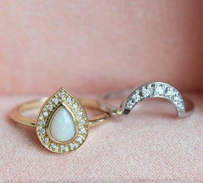 White Marquise-Cut Opal Halo Ring Set with Curved Diamond Band