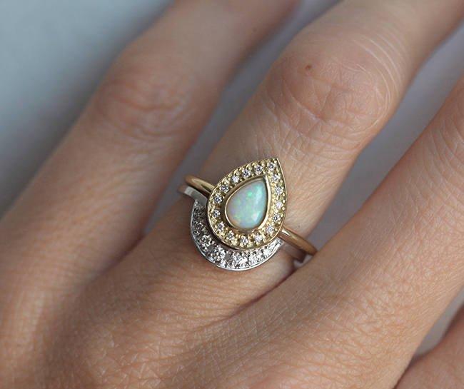 White Marquise-Cut Opal Halo Ring Set with Curved Diamond Band