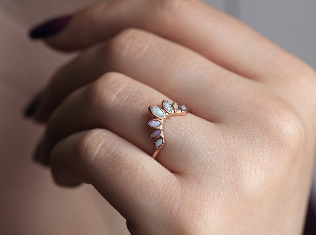 White Marquise-Cut Opal Nesting Wedding Band with Multiple Aligned Opal Gemstones