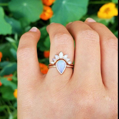 White Marquise-Cut Opal Nesting Wedding Band with Multiple Aligned Opal Gemstones with Main Pear Opal Ring