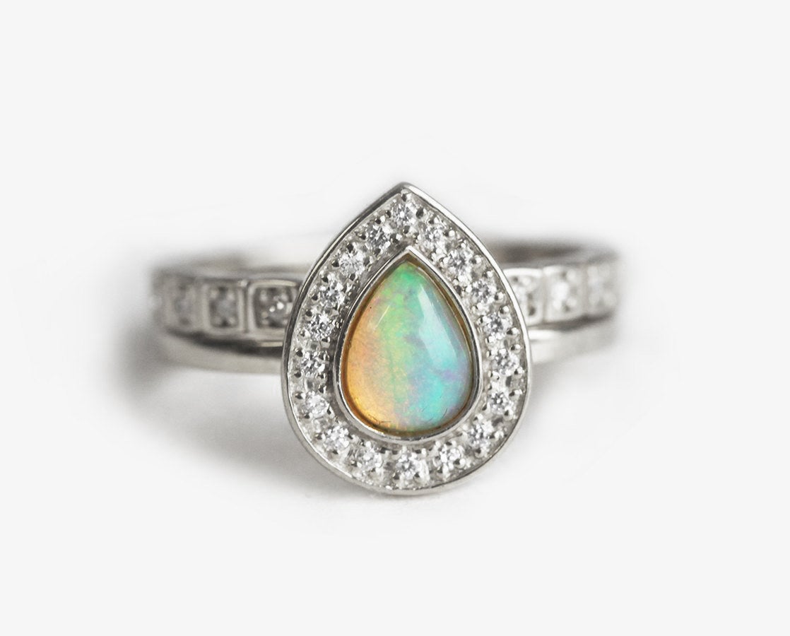 Pear Opal Halo Ring Set with Round White Diamonds
