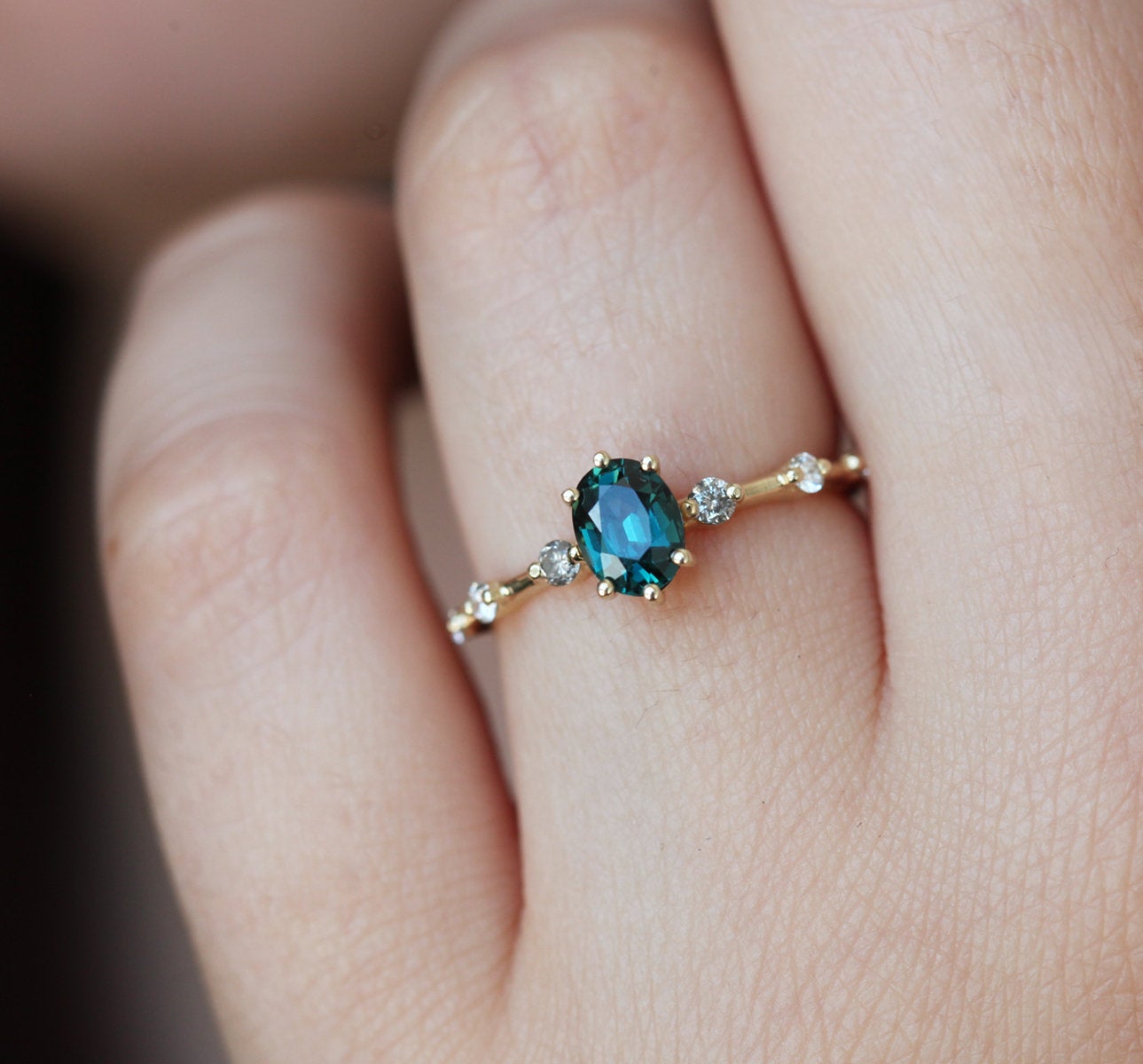 Teal Oval Alexandrite Ring with Side Round White and Salt & Pepper Diamonds