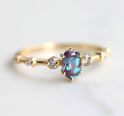 Teal Oval Alexandrite Ring with Side Round White and Salt & Pepper Diamonds