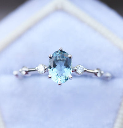 Blue Oval Aquamarine Engagement Ring with Side White Diamonds