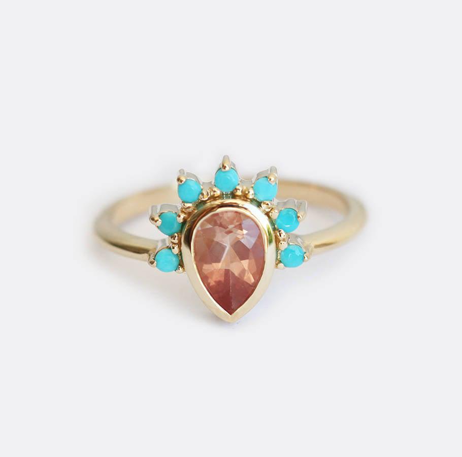 Oregon Sunstone Ring With Turquoise Crown-Capucinne