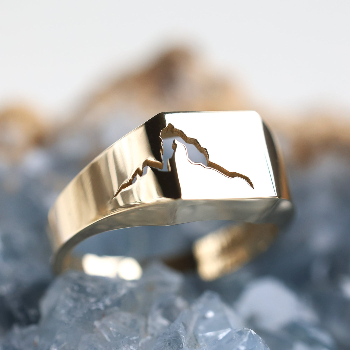 Gold signet ring with mountain design, no inlay. Band width: 9.3mm front, 3.3mm back. Polished finish. Available in 14k yellow, white, rose gold or platinum. Customizable with gemstones.