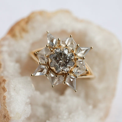 Round Salt & Pepper Diamond Ring with Side Kite and Rose-Cut Salt & Pepper Diamonds
