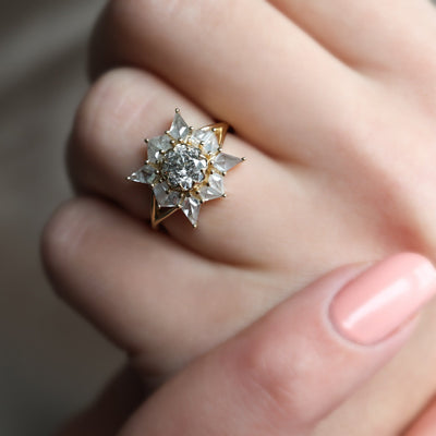 Round Salt & Pepper Diamond Ring with Side Kite and Rose-Cut Salt & Pepper Diamonds