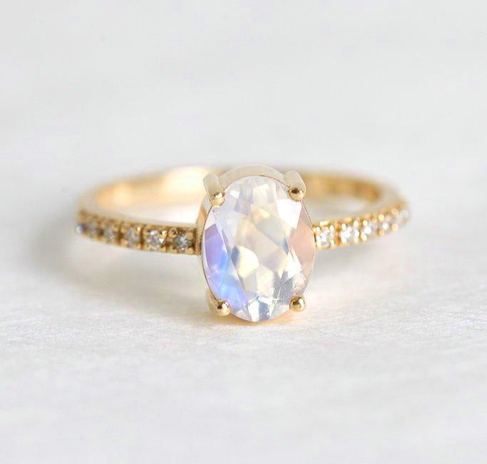 Oval Moonstone Ring with Pave White Diamonds