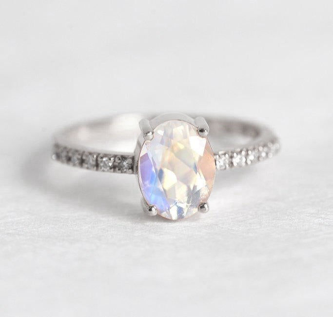 Oval Moonstone Ring with Pave White Diamonds