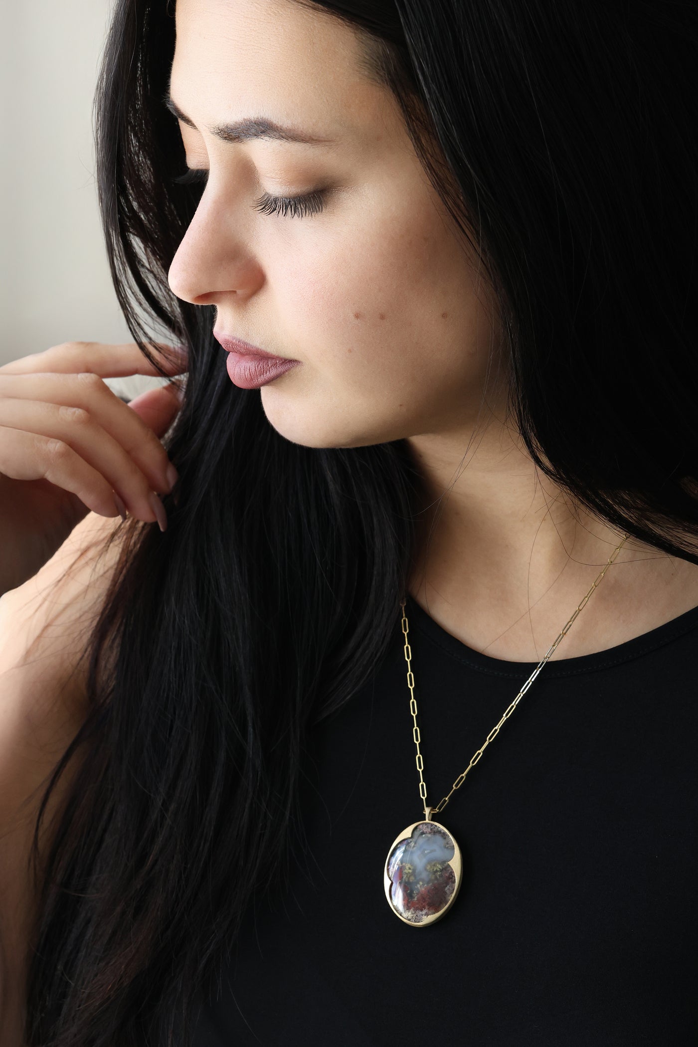 Oval garden moss agate necklace, statement necklace Necklaces