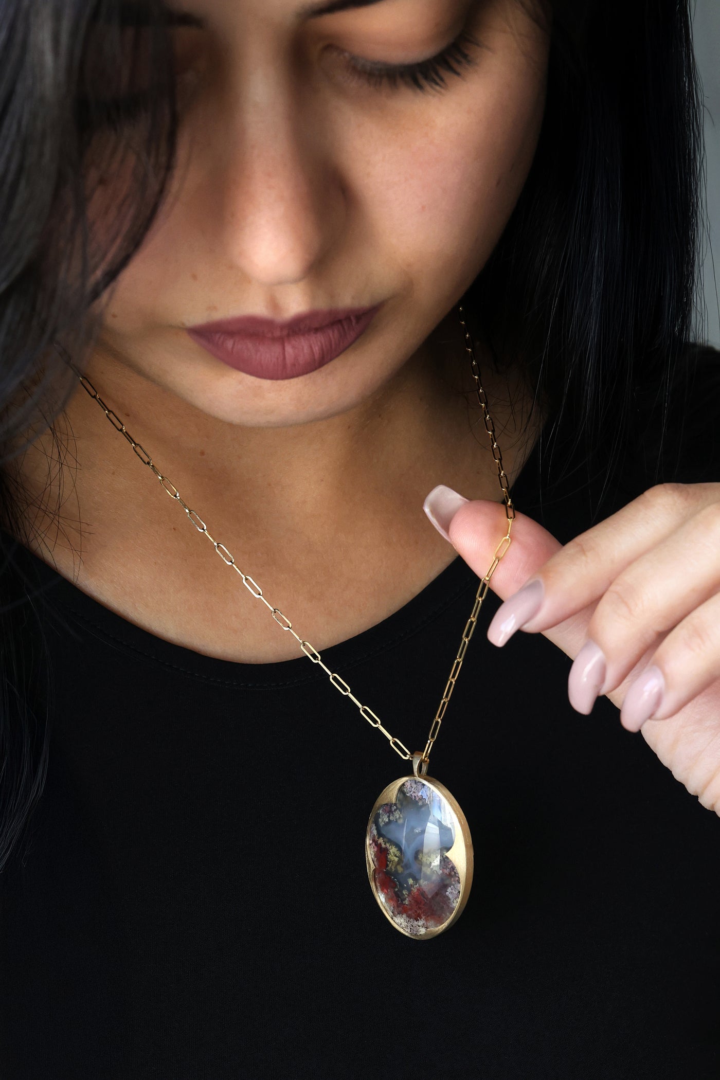 Oval garden moss agate necklace, statement necklace Necklaces