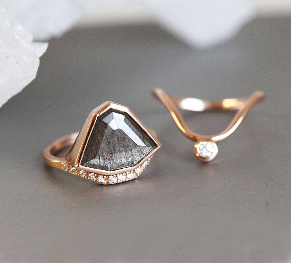 Shield Salt & Pepper Diamond Ring with Side Round White Diamonds