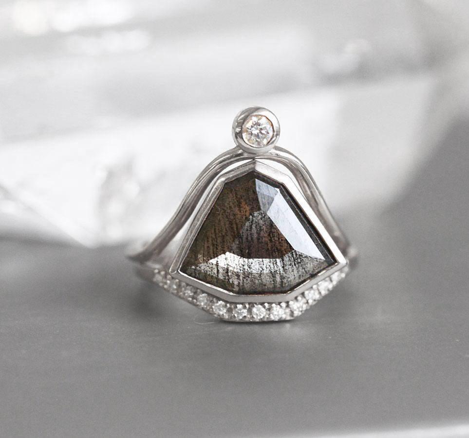 Shield Salt & Pepper Diamond, Platinum Ring with Side Round White Diamonds