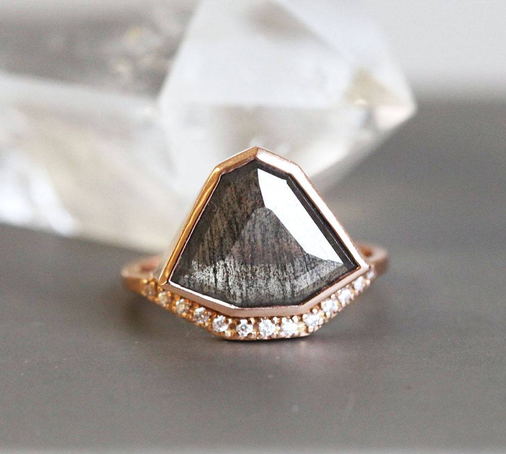 Shield Salt & Pepper Diamond Ring with Side Round White Diamonds