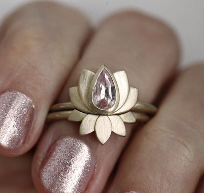 Pear-shaped peach pink sapphire lotus ring