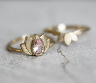 Pear-shaped peach pink sapphire lotus ring