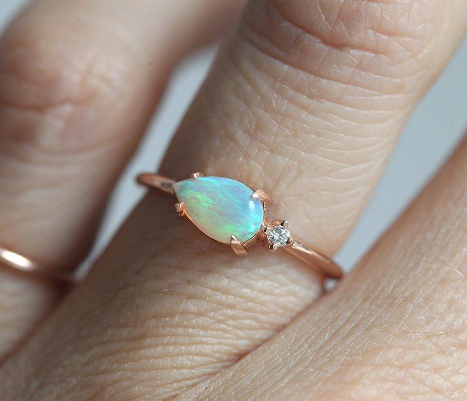 Pear Opal Ring with One Side Round Diamond Overall Minimalistic Design