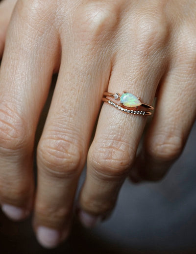 Pear Opal Ring with One Side Round Diamond Overall Minimalistic Design with Complementary Diamond Ring