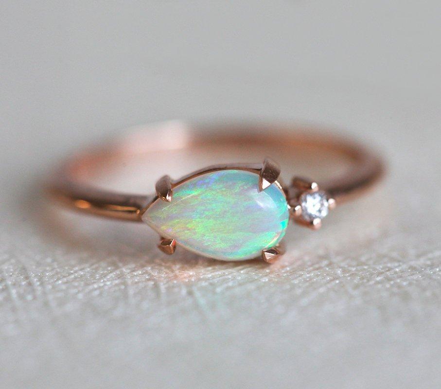 Pear Opal Ring with One Side Round Diamond Overall Minimalistic Design