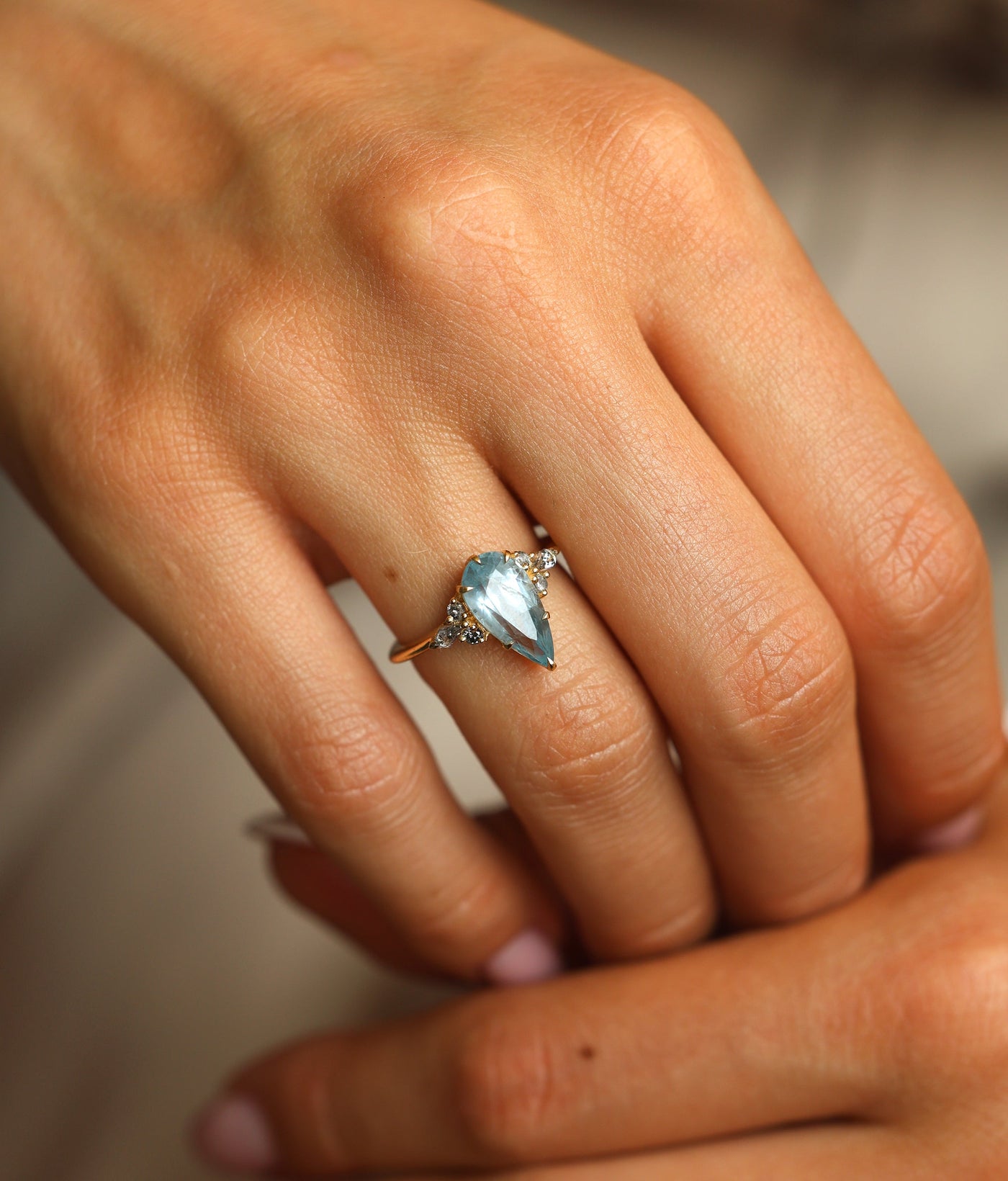 Pastel Blue Sapphire ring with salt pepper accent diamonds