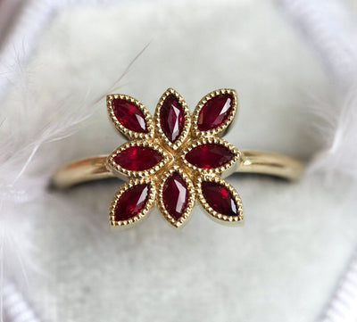 Marquise-cut pink red ruby cluster engagement ring