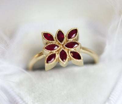 Marquise-cut pink red ruby cluster engagement ring