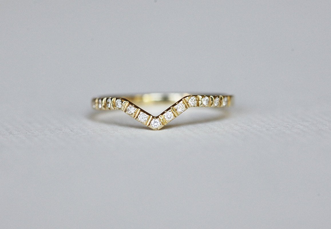 Pave Diamond Ring, V Shaped Wedding Band-Capucinne