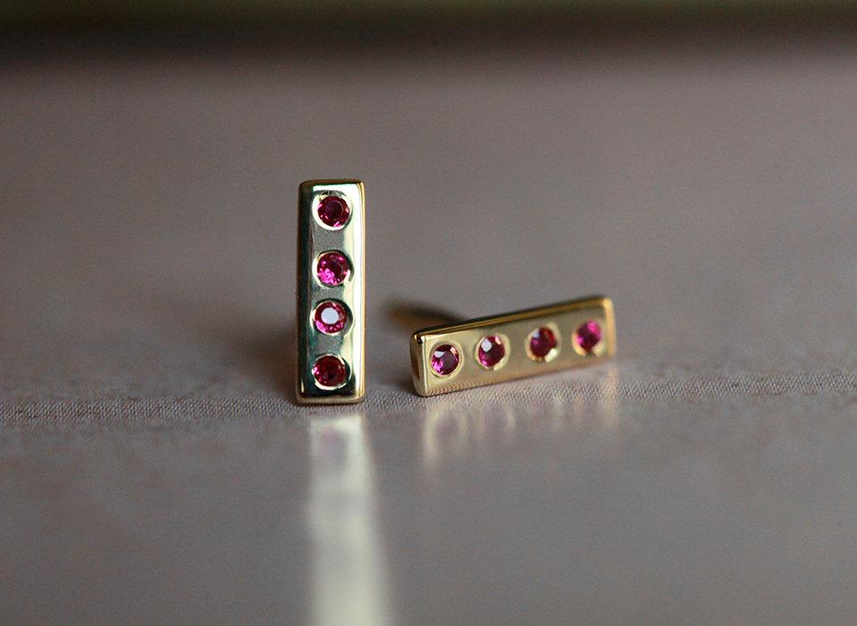 Round red ruby gold bar stud earrings