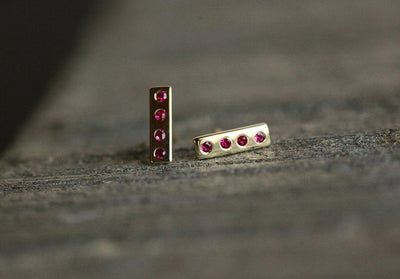 Round red ruby gold bar stud earrings