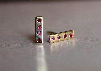 Round red ruby gold bar stud earrings