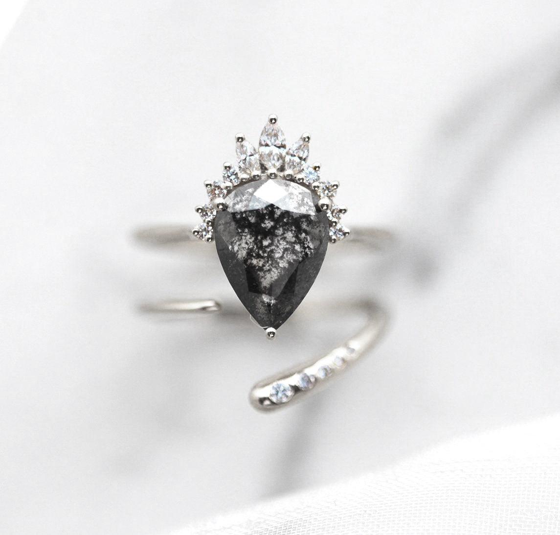 Pear Salt & Pepper Diamond Ring Set with Side Marquise-Cut and Round White Diamonds
