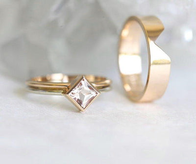 Morganite Ring Set With Wide Band Yellow Gold